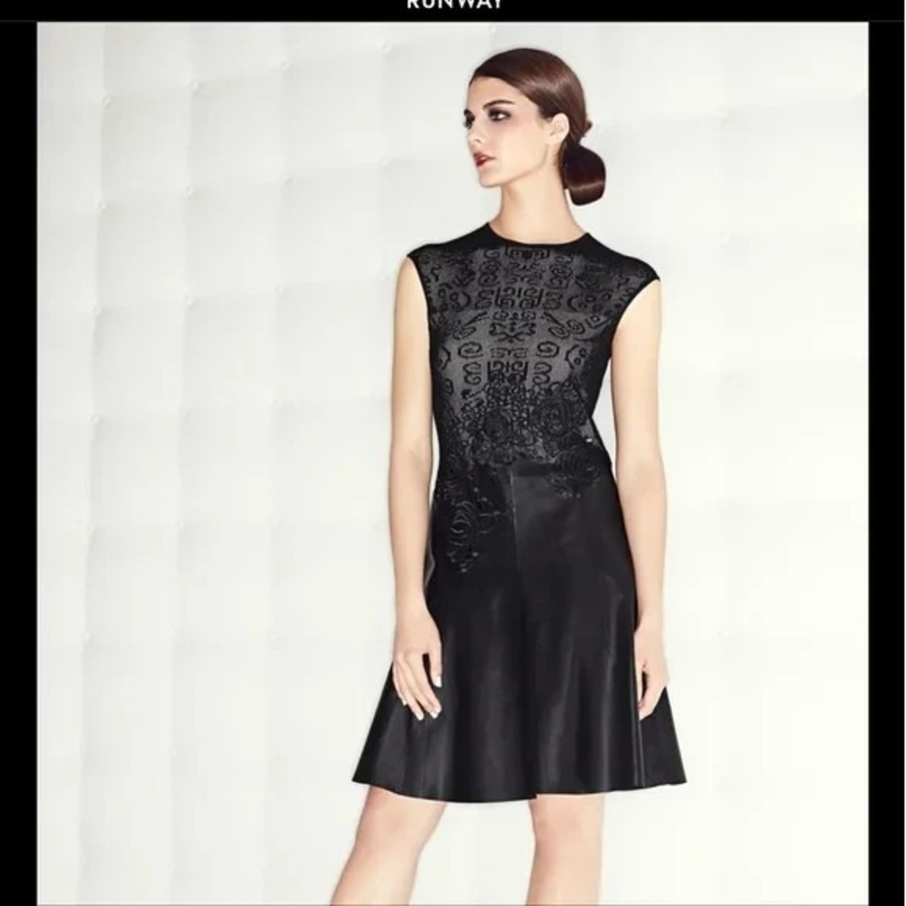 Escada Black Skater Dress‎ Lace Knit Leather Combo Rose Embroidered Leather S